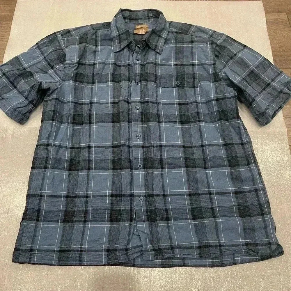 [XL] Bruno Washable Linen Mens Blue Plaid Linen Blend S/S Button Up  Shirt
